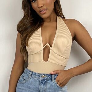 NUDE BANDAGE RIB V-WIRE HALTERNECK BODYSUIT